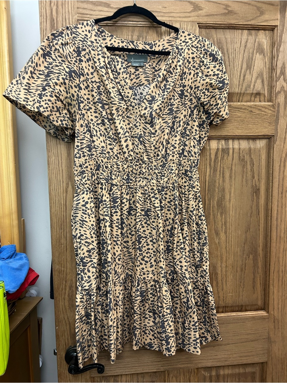 Anthropologie Beige and Black Animal-Print V-Neck Midi Dress